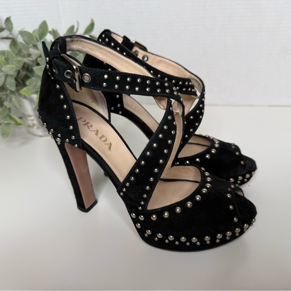Prada Black Suede Studded Cross Strap Platform Pumps Size 35 Luxury Italian Glam - Picture 5 of 17